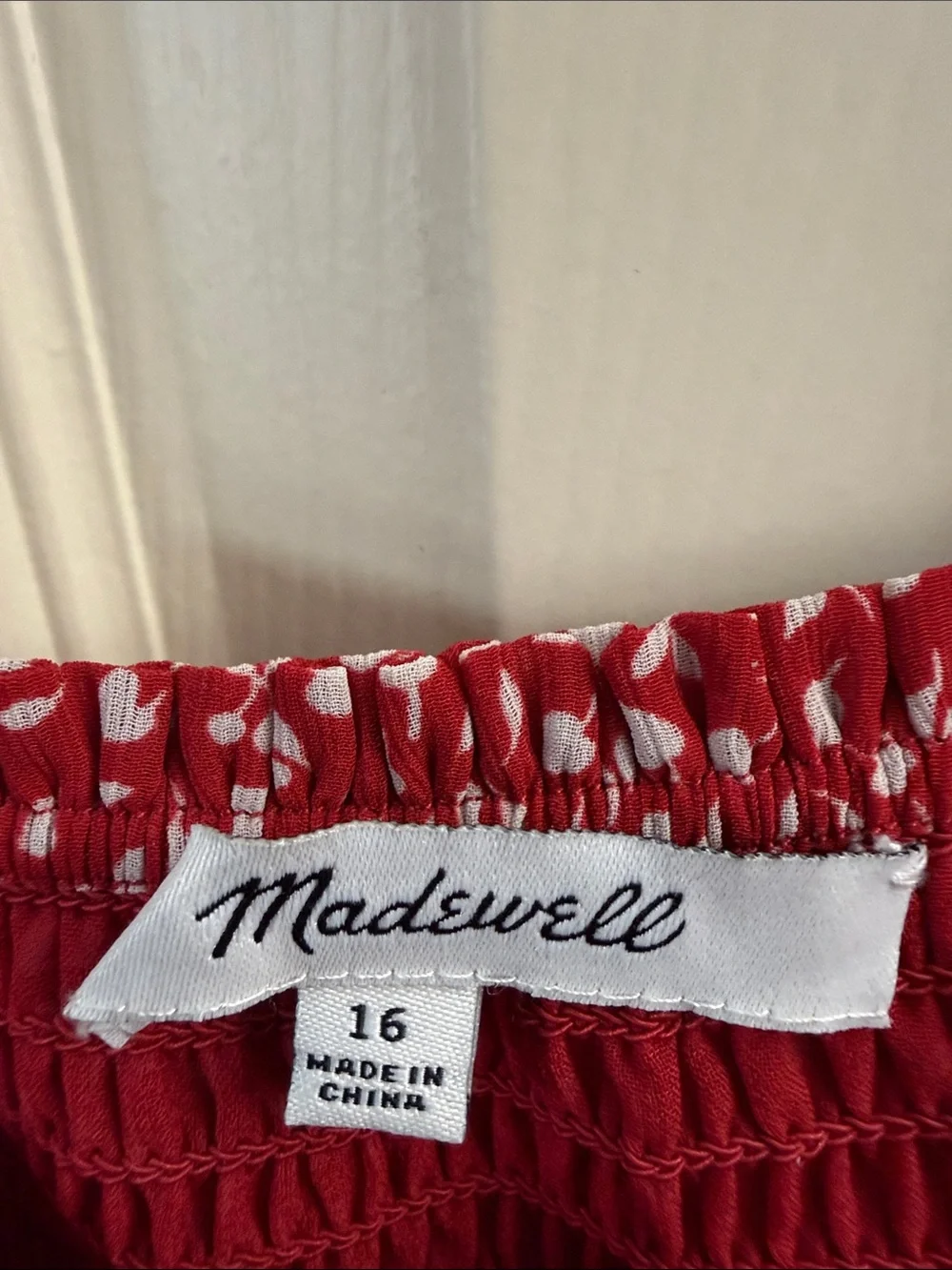 Madewell Red Smocked Peplum Blouse with White Leaf Print